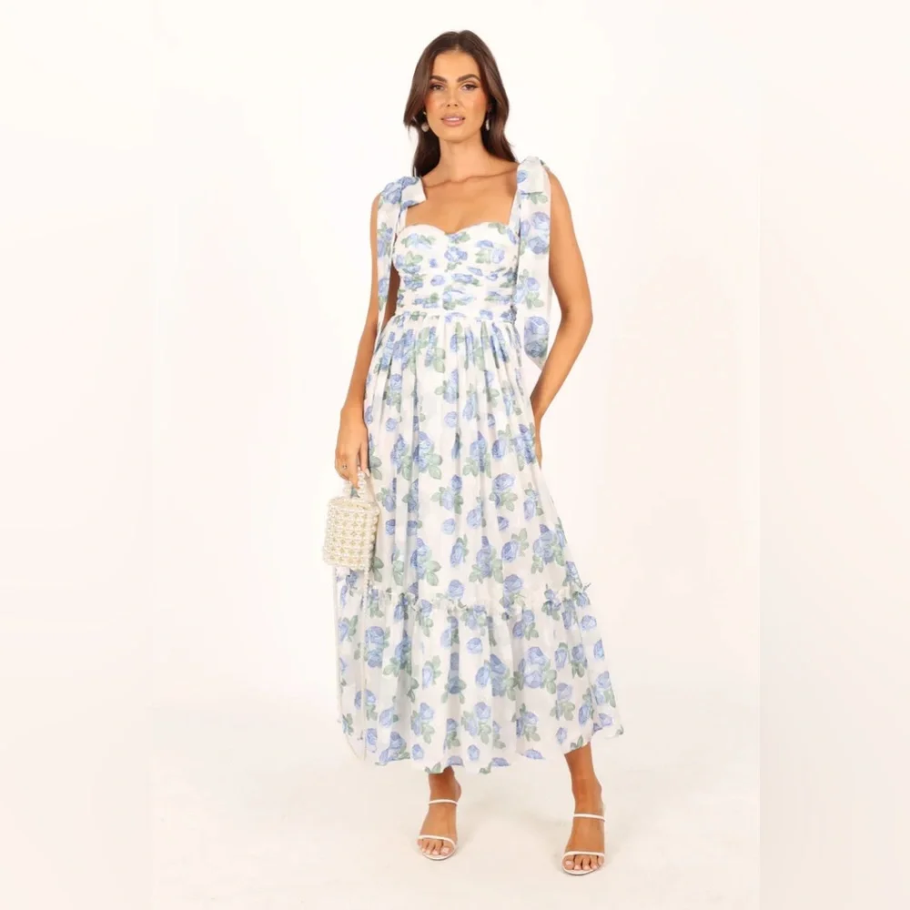 Petal & Pup White Midi Dress with Blue Floral Print